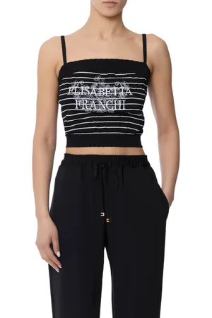 Elisabetta Franchi Koszulki, Kobieta, Czarny, S, Czarny Kwiatowy Paskowany Top