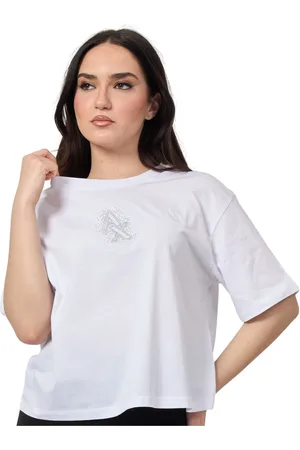 Armani Exchange Koszulki, Kobieta, Biały, S, Biała koszulka z logo z kryształkami