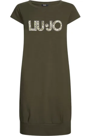 Liu Jo Sukienki, Kobieta, Zielony, XL, Spandex, Sukienka z bawełny z logo, krótkie rękawy