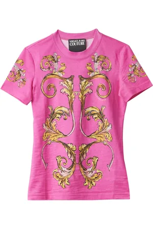 VERSACE Koszulki, Kobieta, Różowy, M, Bawełna, Barocco Piazzato Bawełniany T-shirt w różowym