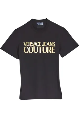 VERSACE Koszulki, Mężczyzna, Czarny, M, Logo Wytłoczony T-shirt z bawełny Czarny/Złoty