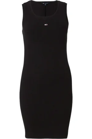 Tommy Hilfiger Sukienki, Kobieta, Czarny, XS, Bawełniana Sukienka bez Rękawów z Logo na Przodzie