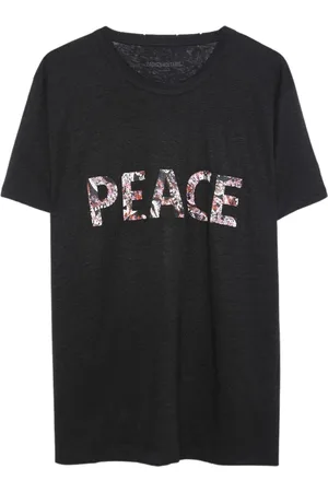 Zadig & Voltaire Koszulki, Mężczyzna, Czarny, M, Len, Lniana koszulka z nadrukiem kwiatów "Peaceful"
