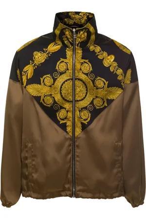 VERSACE Kurtki, Mężczyzna, brązowy, L, Brązowa Kurtka z Wysokim Kołnierzem i Wzorem Barocco
