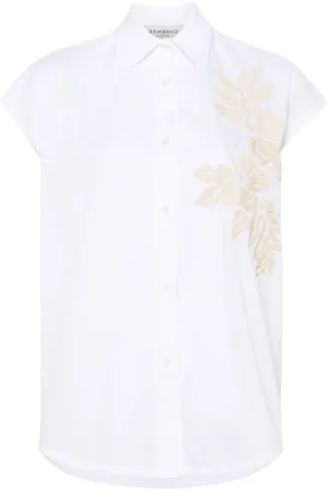 ERMANNO SCERVINO Bluzki, Kobieta, Biały, XS, Bawełna, Biała koszula bez rękawów z kwiatową aplikacją