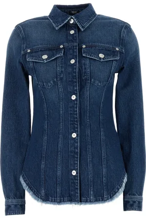 VERSACE Bluzki, Kobieta, Niebieski, S, Denim, Denim Wyprany Niebieska Koszula z Poszarpanym Brzegiem