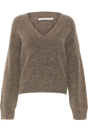 Gestuz Swetry, Kobieta, brązowy, XL, Miękki Sweter z Dekoltem w Serek Dark Sand