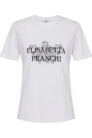 Elisabetta Franchi Koszulki, Kobieta, Biały, L, T-shirt z botanicznym nadrukiem w kolorze kości słoniowej