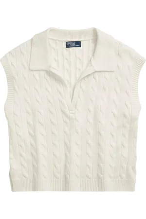 Ralph Lauren Swetry, Kobieta, Biały, L, Kaszmir, Dzianinowa kamizelka z kołnierzykiem