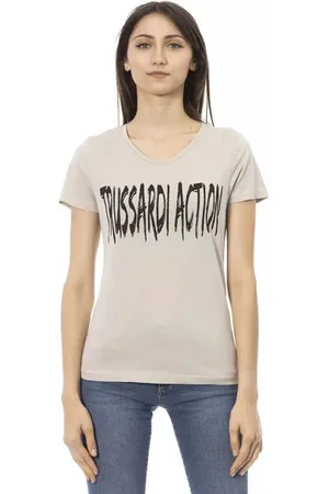 Trussardi Koszulki, Kobieta, Beżowy, L, Bawełna, Eleganckie T-shirt z dekoltem V i nadrukiem