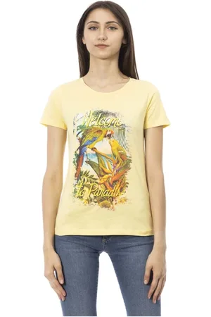 Trussardi Koszulki, Kobieta, Żółty, XS, Casual T-shirt z okrągłym dekoltem i nadrukiem na przodzie