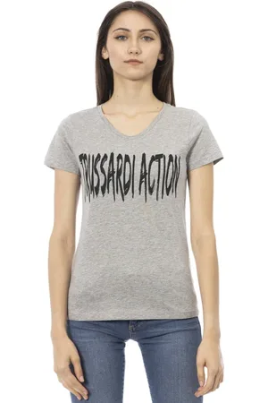 Trussardi Koszulki, Kobieta, Szary, M, T-shirt z krótkim rękawem z dekoltem w serek - nadruk z przodu
