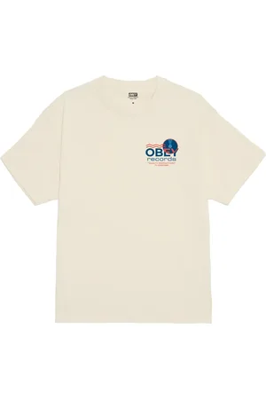 Obey Koszulki, Mężczyzna, Beżowy, S, Koszulka Sound Waves z nadrukiem na plecach