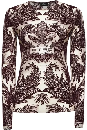 Etro Koszulki, Kobieta, Czerwony, S, Bawełna, Top z okrągłym dekoltem z motywem żaby i paisley