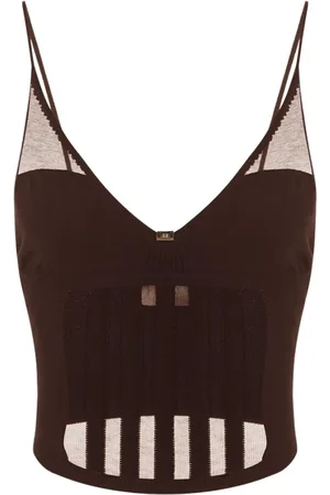 Elisabetta Franchi Koszulki, Kobieta, brązowy, M, Brązowy Top z Złotym Detalem