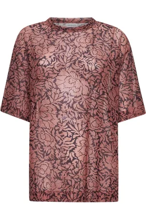 DRIES VAN NOTEN Koszulki, Kobieta, Czerwony, M, Oversize Różowa Koszulka z Kwiatowym Nadrukiem