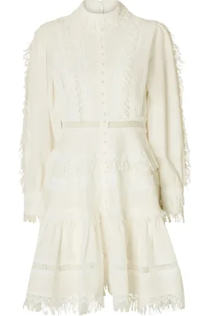 SELECTED Sukienki, Kobieta, Biały, M, Bawełna, Biała Krótka Sukienka Boho z Frędzlami