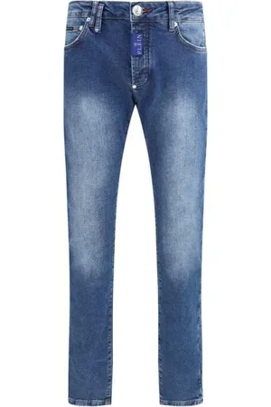 Philipp Plein Jeansy, Mężczyzna, Niebieski, W34, Logo Patch Straight Cotton Jeansy
