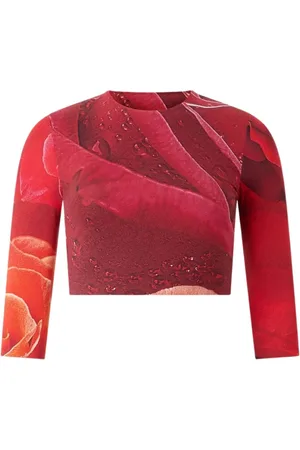 Roberto Cavalli Koszulki, Kobieta, Czerwony, S, Maxi Rose Print Crop Top