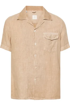 ELEVENTY Koszule, Mężczyzna, Beżowy, 2XL, Casual Lniana Koszula Krótki Rękaw Beżowa