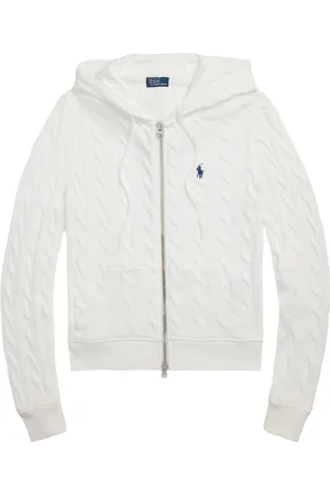 Ralph Lauren Swetry, Kobieta, Biały, M, Bawełna, Kardigan z kapturem zapinany na zamek z dzianiny kablowej