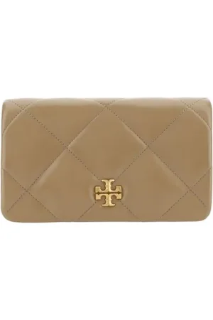 Tory Burch Akcesoria, Kobieta, brązowy, ONE SIZE, Pikowana skórzana portmonetka z łańcuszkiem