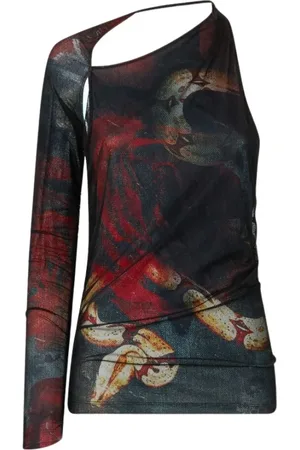 Roberto Cavalli Bluzki, Kobieta, Wielobarwność, L, Tiul, Sweter z jednym rękawem z różą i wężem