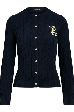 Ralph Lauren Swetry, Kobieta, Niebieski, L, Bawełna, Kardigan z Warkoczowym Splotem
