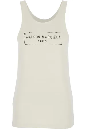 Maison Margiela Koszulki, Kobieta, Beżowy, M, Beżowy top z szerokim dekoltem i logo