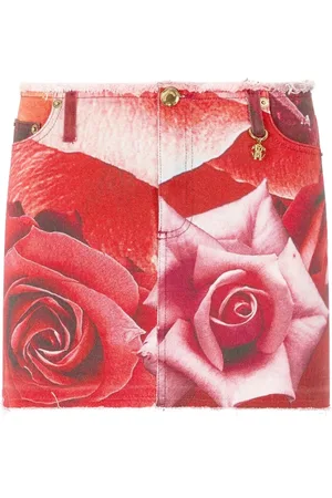 Roberto Cavalli Spódnice, Kobieta, Czerwony, S, Denim, Jeansyowa Minispódniczka z Nadrukiem Róży i Amuletem