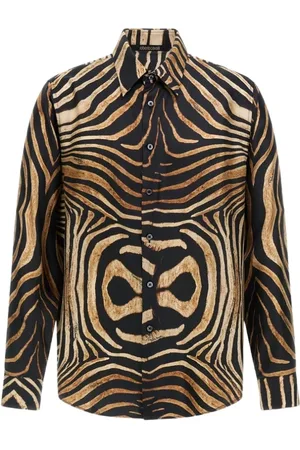 Roberto Cavalli Koszule, Mężczyzna, brązowy, M, Naturalna Koszula z Nadrukiem Wyprodukowana we Włoszech