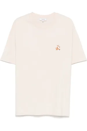 Maison Kitsuné Koszulki, Mężczyzna, Biały, M, Beżowy T-shirt z naszywką lisa