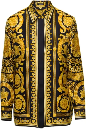 VERSACE Bluzki, Kobieta, Wielobarwność, S, Koszula z jedwabiu z nadrukiem Barocco, długie rękawy