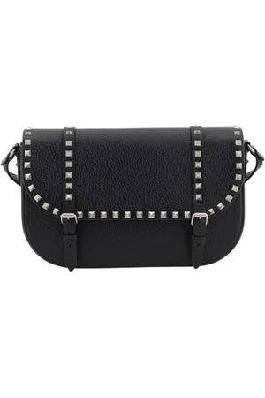 VALENTINO GARAVANI Torebki, Mężczyzna, Czarny, ONE SIZE, Len, Kolczykowana Skórzana Torba Kurierska