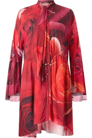 Roberto Cavalli Sukienki, Kobieta, Czerwony, S, Sukienka Mini z Różanym Nadrukiem i Kokardą
