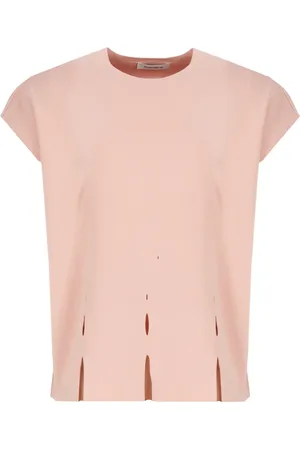 KANGRA CASHMERE Koszulki, Kobieta, Różowy, M, Kaszmir, Różowy T-shirt z kaszmiru i wiskozy z frędzlami