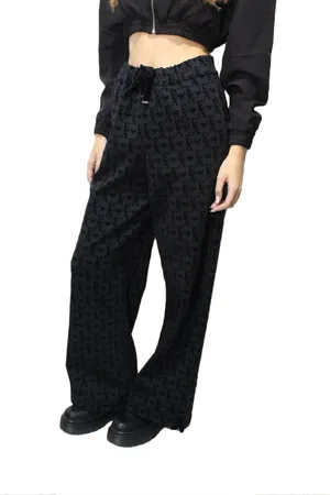 Emporio Armani Spodnie, Kobieta, Czarny, M, Bawełna, Bawełniane Spodnie Dzwony z Nadrukiem Logo