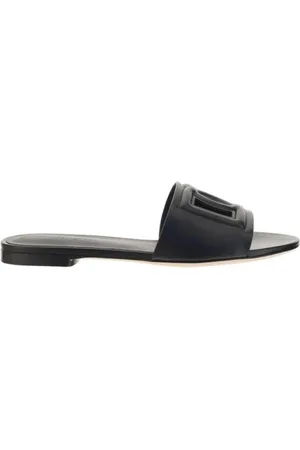 Dolce & Gabbana Buty, Kobieta, Czarny, 37 EU, Len, Sandały z Płaską Podeszwą i Wytłoczonym Logo
