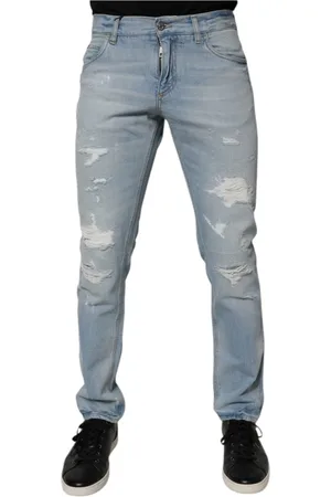Dolce & Gabbana Jeansy, Mężczyzna, Niebieski, S, Denim, Jasnoniebieskie Tattered Logo Skinny Denim Jeansy