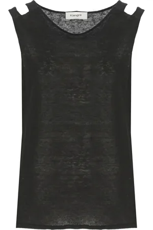 KANGRA CASHMERE Koszulki, Kobieta, Czarny, XS, Kaszmir, Czarny Kaszmirowy Lniany Top Bez Rękawów