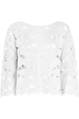 KANGRA CASHMERE Swetry, Kobieta, Biały, M, Kaszmir, Biała Kaszmirowa Bawełniana Sweter z Koronką