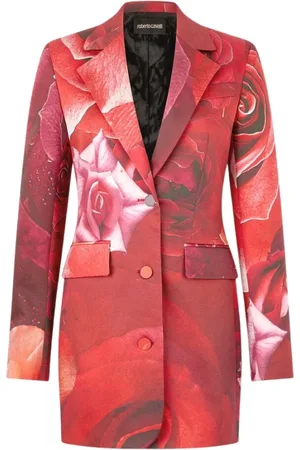 Roberto Cavalli Kurtki, Kobieta, Czerwony, XL, Długi blezer z nadrukiem róż