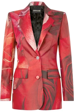 Roberto Cavalli Kurtki, Kobieta, Czerwony, M, Blezer z nadrukiem róż z klasycznymi klapami