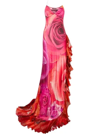 Roberto Cavalli Sukienki, Kobieta, Różowy, S, Sukienka Maxi z Różanym Printem i Falbanami