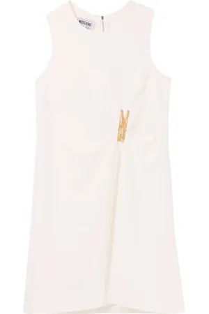 Moschino Sukienki, Kobieta, Biały, M, Poliester, Biała Sukienka Cady z Zabawną Haftką