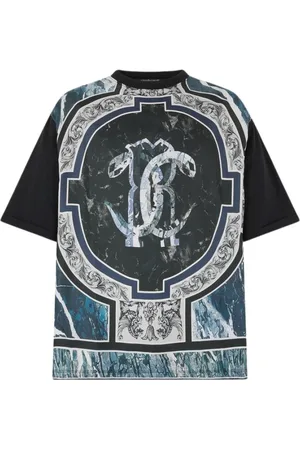 Roberto Cavalli Koszulki, Mężczyzna, Niebieski, S, T-shirt z nadrukiem marmuru i dekoracjami