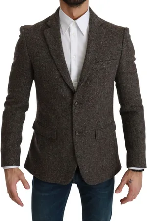 Dolce & Gabbana Kurtki, Mężczyzna, brązowy, M, Nylon, Brązowa Wełniana Marynarka Slim Fit