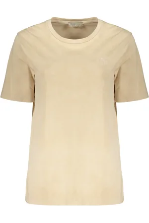 HERNO Koszulki, Kobieta, Beżowy, S, Haftowany Bawełniany T-shirt z okrągłym dekoltem