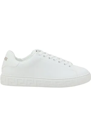 VERSACE Buty, Mężczyzna, Biały, 45 EU, Wytłaczane skórzane trampki z sznurowadłami