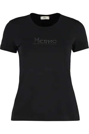 HERNO Koszulki, Kobieta, Czarny, L, Bawełniany T-shirt z dekoltem w serek i zdobieniem z kryształków